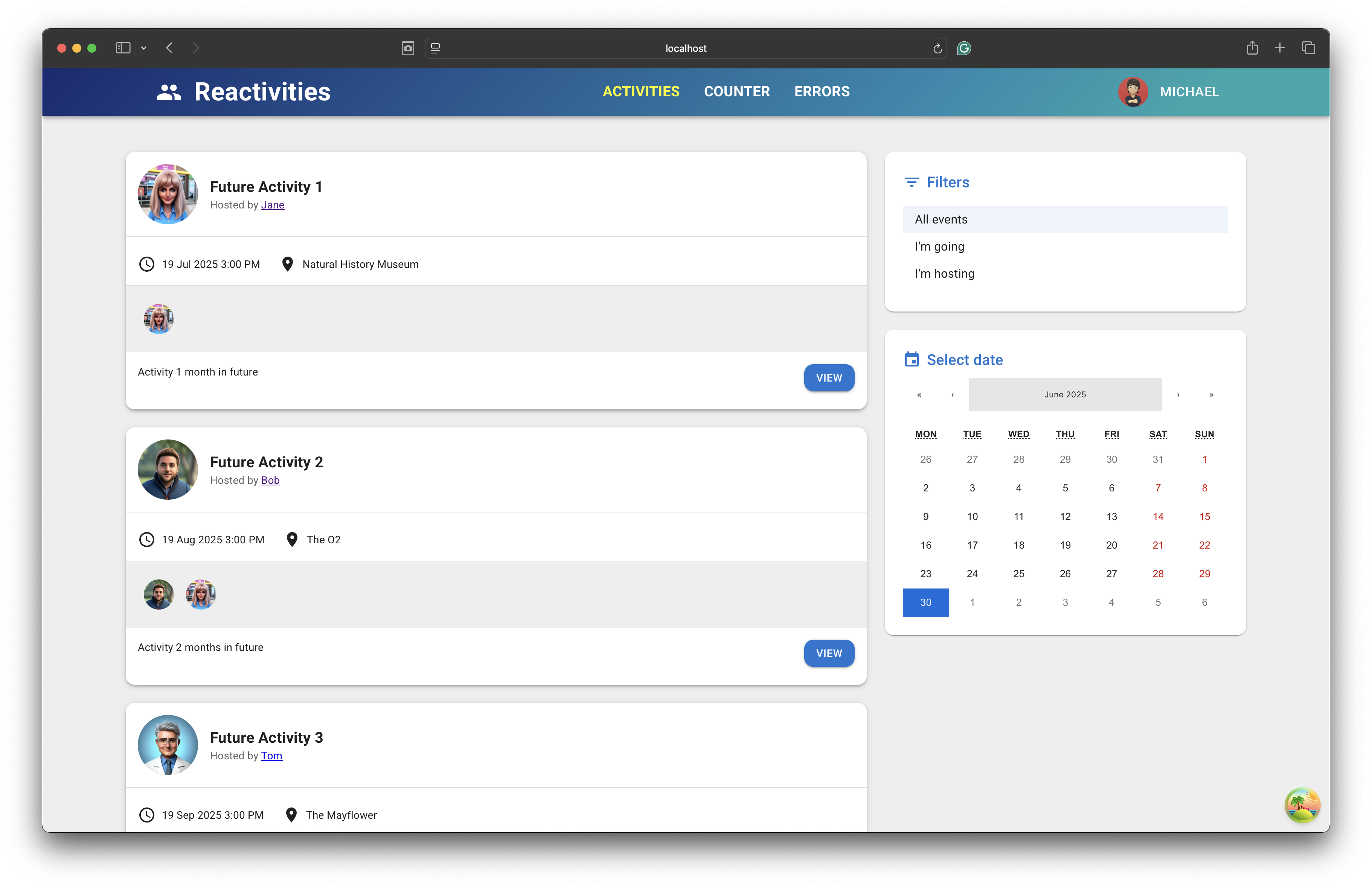 Reactivities activities page screenshot