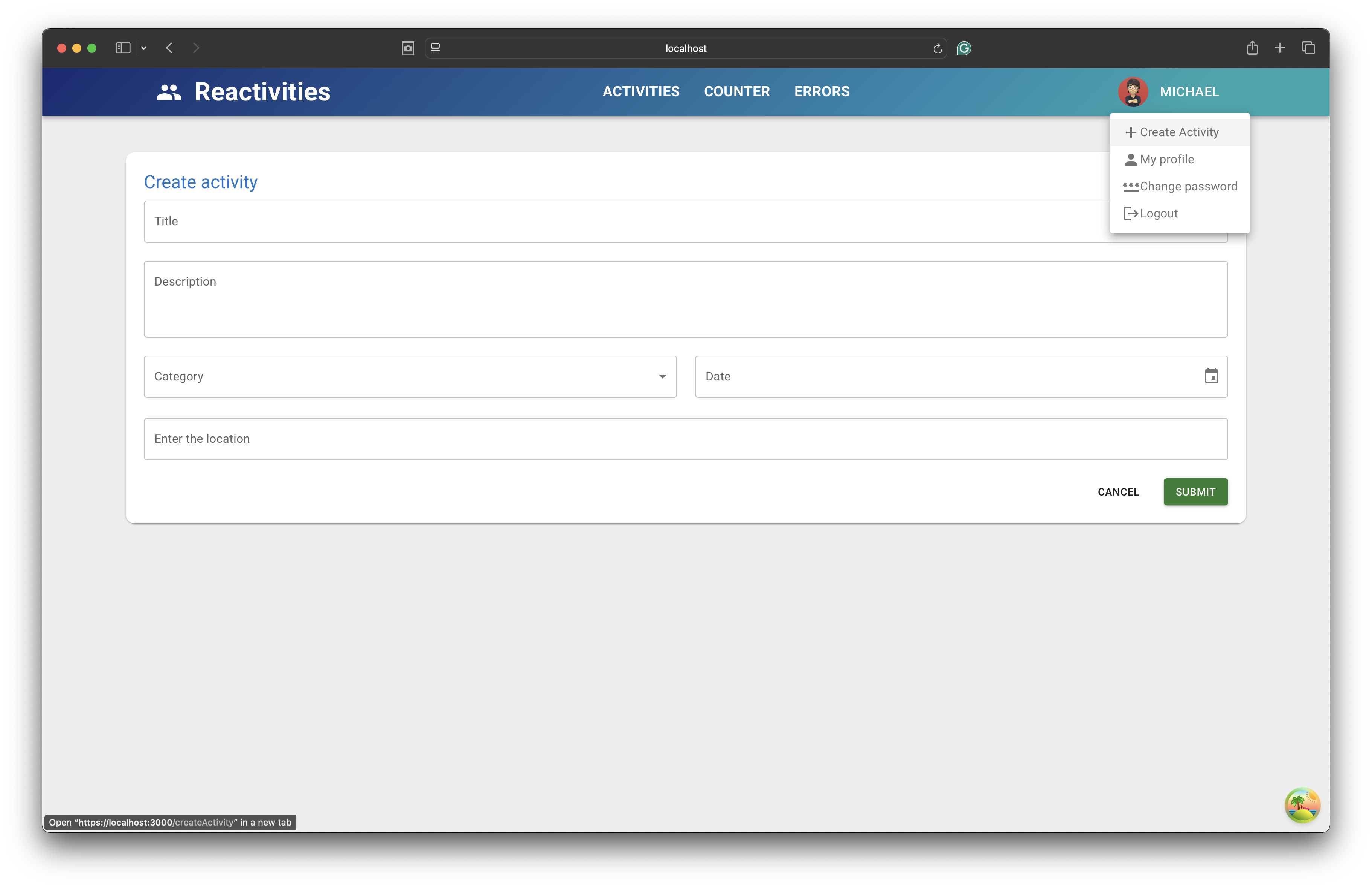 Reactivities create-activity form screenshot