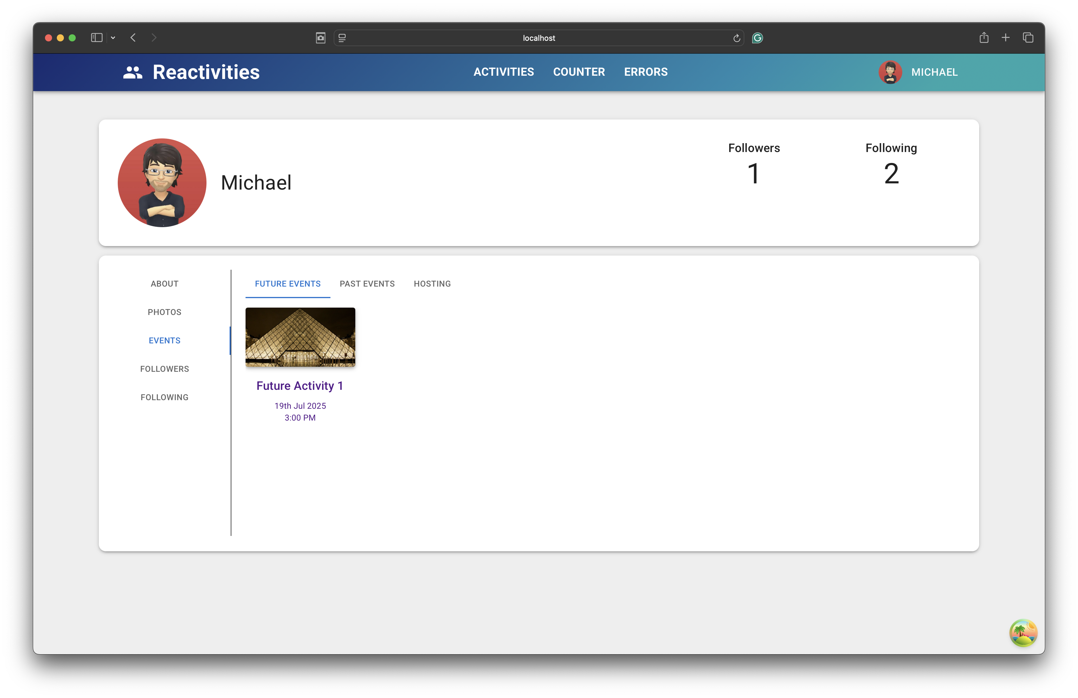 Reactivities profile events screenshot