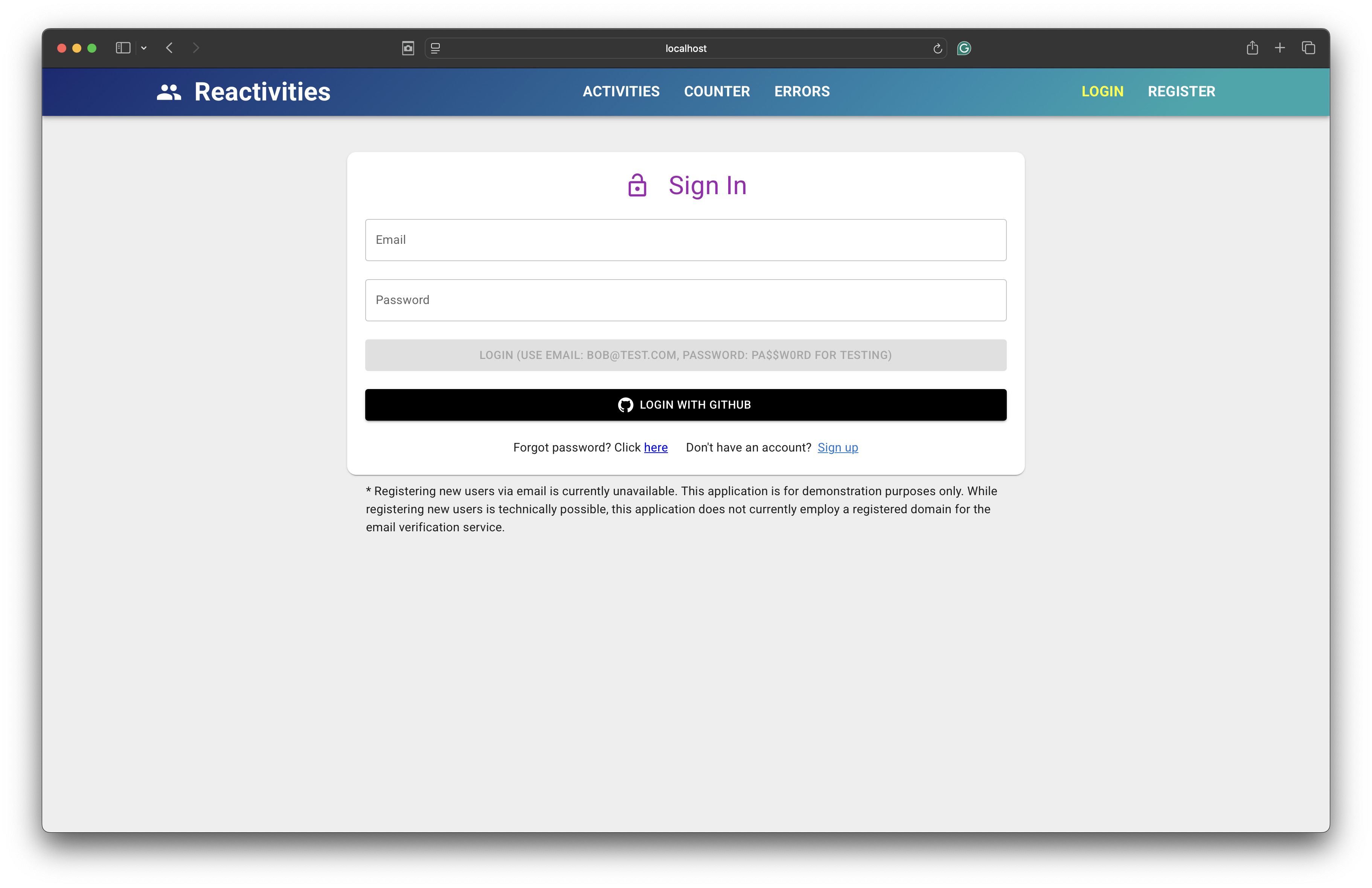 Reactivities login page screenshot